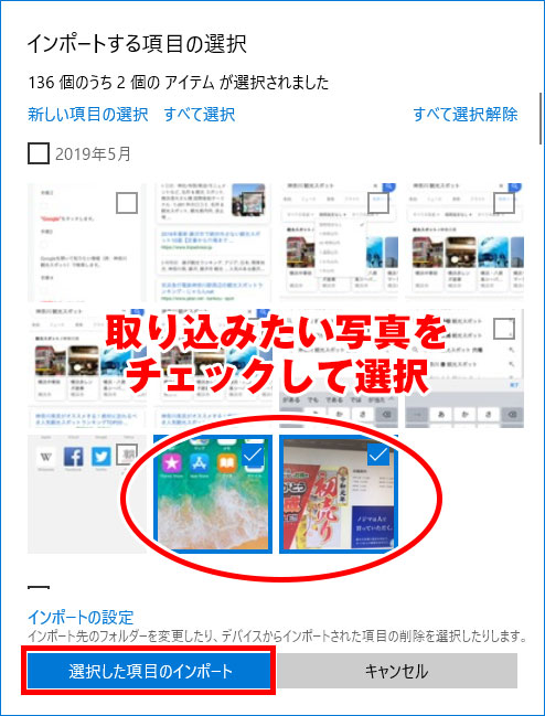 インポートする項目の選択