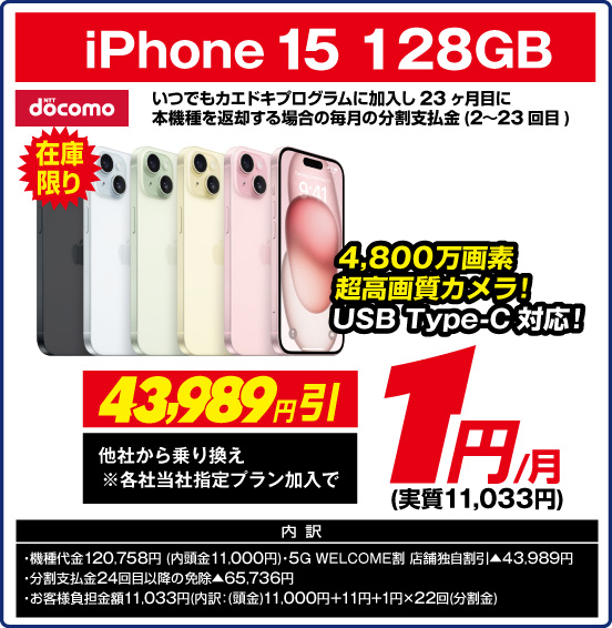 iPhone 15 128GB 在庫限り 4,800万画素超高画質カメラ！ USBType-C対応！ NTT docomo いつでもカエドキプログラムに加入し23ヶ月目に本機種を返却する場合の毎月の分割支払金（2～23回目） 他社から乗り換え ※各社当社指定プラン加入で 43,989円引 1円／月（実質11,033円） 内訳：  ・機種代金120,758円（内頭金11,000円） ・5G WELCOME割 店舗独自割引▲43,989円 ・分割支払金24回目以降の免除▲65,736円 ・お客様負担金額11,033円（内訳：（頭金）11,000円＋11円＋1円×22回（分割金））