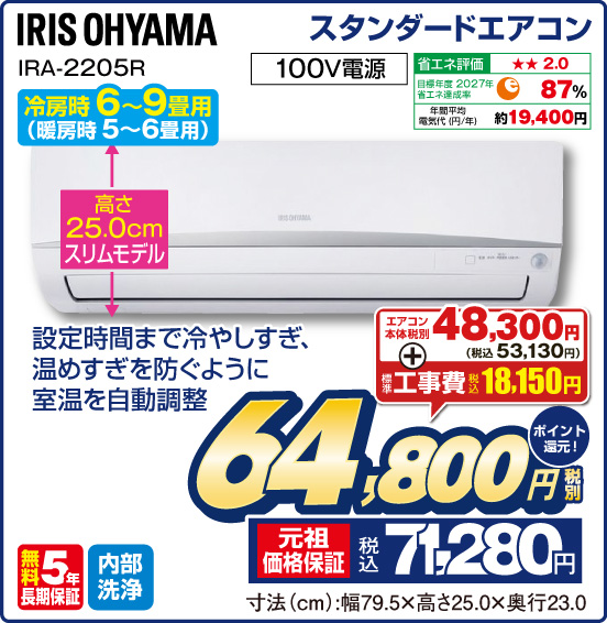 スタンダードエアコン IRIS OHYAMA IRA-2205R 冷房時6～9畳用（暖房時5～6畳用） 高さ25.0cmスリムモデル 設定時間まで冷やしすぎ、温めすぎを防ぐように室温を自動調整 100V電源 省エネ評価：★★2.0 目標年度2027年 省エネ達成率87％ 年間平均電気代（円／年）約19,400円 無料5年長期保証 内部洗浄 エアコン本体税別48,300円（税込53,130円） ＋ 標準工事費 税込18,150円 ⇒ 税別64,800円  元祖価格保証 税込71,280円 ポイント還元！ 寸法（cm）：幅79.5×高さ25.0×奥行23.0