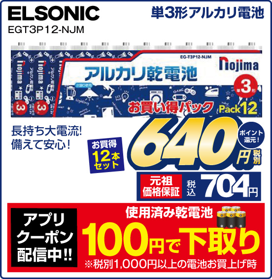 単3形アルカリ電池 ELSONIC EGT3P 12-NJM 長持ち大電流！ 備えて安心！ お買得12本セット 税別640円 元祖価格保証 税込704円 ポイント還元！ アプリクーポン配信中！！ 使用済み乾電池 100円で下取り ※税別1,000円以上の電池お買上げ時