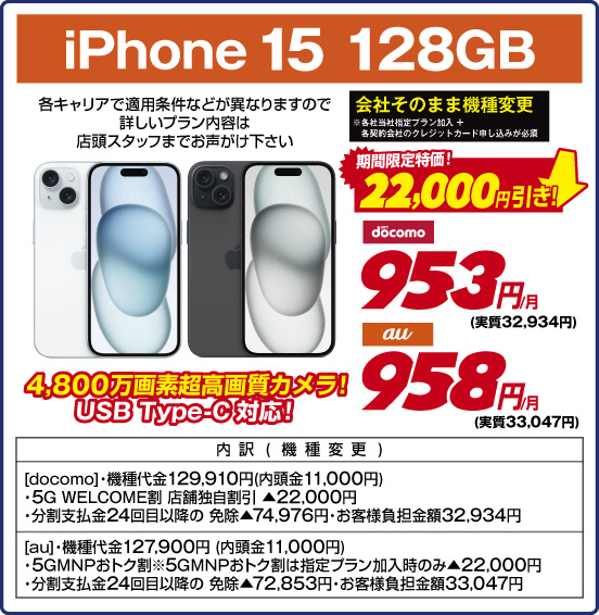 iPhone 15 128GB 4800万画素超高画質カメラ！ USBType-C対応！ 各キャリアで適用条件などが異なりますので詳しいプラン内容は店頭スタッフまでお声がけ下さい 会社そのまま機種変更 ※各社当社指定プラン加入+各契約会社のクレジットカード申し込みが必須 期間限定特価！ 22,000円引き！ NTTdocomo 953円／月（実質32,934円） au 958円／月（実質33,047円） 内訳（機種変更） ［docomo］・機種代金129,910円（内頭金11,000円） ・5G WELCOME割 店舗独自割引 ▲22,000円 ・分割支払金24回目以降の免除▲74,976円 ・お客様負担金額32,934円 【au］・機種代金127,900円（内頭金11,000円） ・5GMNPおトク割 ※5GMNPおトク割は指定プラン加入時のみ▲22,000円 ・分割支払金24回目以降の免除▲72,853円 ・お客様負担金額33,047円