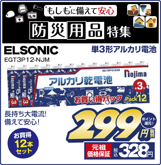 「もしも」に備えて安心 防災用品特集 単3形アルカリ電池 ELSONIC EGT3P12-NJM 長持ち大電流！ 備えて安心！ お買得12本セット 税別299円 元祖価格保証 税込328円 ポイント還元！