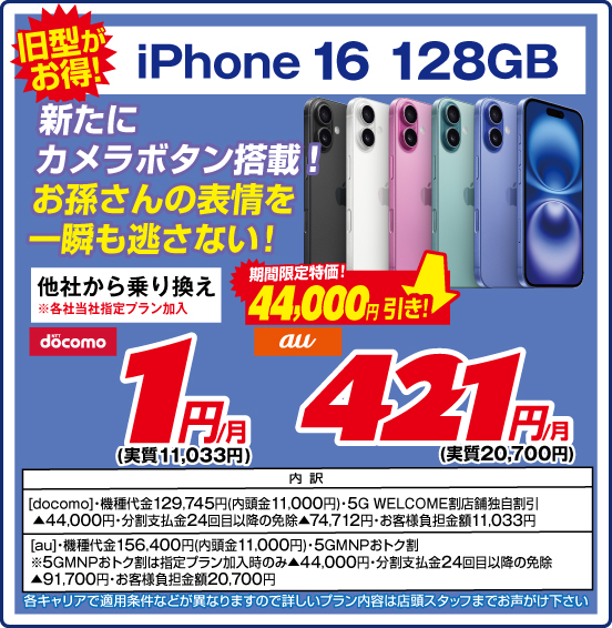 iPhone 16 128GB 旧型がお得！ 新たにカメラボタン搭載！ お孫さんの表情を一瞬も逃さない！ 他社から乗り換え ※各社当社指定プラン加入 期間限定特価！ 44,000円引き！ NTTdocomo 1円／月（実質11,033円） au 421円／月（実質20,700円） 内訳 ［docomo］ ・機種代金129,745円（内頭金11,000円） ・5G WELCOME割 店舗独自割引▲44,000円 ・分割支払金24回目以降の免除▲74,712円 ・お客様負担金額11,033円 ［au］ ・機種代金156,400円（内頭金11,000円） ・5GMNPおトク割 ※5GMNPおトク割は指定プラン加入時のみ▲44,000円 ・分割支払金24回目以降の免除▲91,700円 ・お客様負担金額20,700円 各キャリアで適用条件などが異なりますので詳しいプラン内容は店頭スタッフまでお声がけ下さい