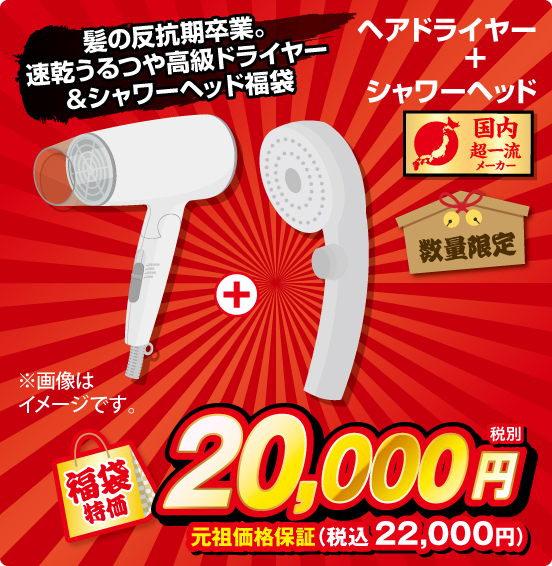 髪の反抗期卒業。速乾うるつや高級ドライヤー＆シャワーヘッド福袋 ヘアドライヤー ＋ シャワーヘッド 国内超一流メーカー 数量限定 福袋特価 税別20,000円 元祖価格保証 税込22,000円