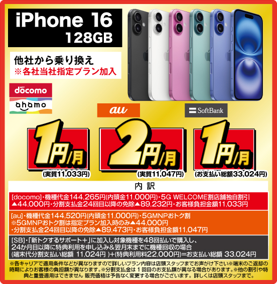 iPhone 16 128GB 他社から乗り換え ※各社当社指定プラン加入 NTTdocomo ahamo  1円／月（実質11,033円） au 2円／月（実質11,047円） SoftBank 1円／月（実質33,024円） 内訳：［docomo］ ・機種代金144,265円（内金11,000円） ・5G WELCOME割 店舗独自割引▲44,000円 ・分割支払金24回目以降の免除▲89,232円・お客様負担金額11,033円 ［au］ ・機代金144,520円（内頭金11,000円） ・5GMNPおトク割 ※5GMNPおトク割は指定プラン加入時のみ▲44,000円 ・分割支払金24回目以降の免除▲89.473円 ・お客様負担金額11,047円 ［SB］・「新トクするサポート＋」に加入し対象機種を48回払いで購入し、24か月目以降に特典利用を申し込み＆翌月末までに機種回収の場合（端末代分割支払い総額 11,024円）+（特典利用料22,000円）=お支払い総額33,024円 ※各キャリアで適用条件などが異なりますので詳しいプラン内容は店頭スタッフまでお声がけ下さい ※端末のご返却の時期によりお客様の負担額が異なります。 ※分割支払金は1回目のお支払額が異なる場合があります。 ※他の割引や特典と重畳適用はできません。販売価格は予告なく変更する場合がございます。詳しくは店頭スタッフまで。