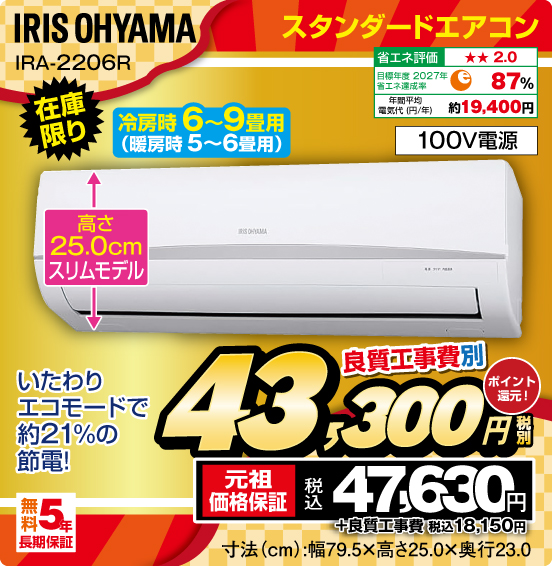 スタンダードエアコン IRIS OHYAMA IRA-2206R 冷房時 6〜9畳用（暖房時5〜6畳用） 在庫限り
