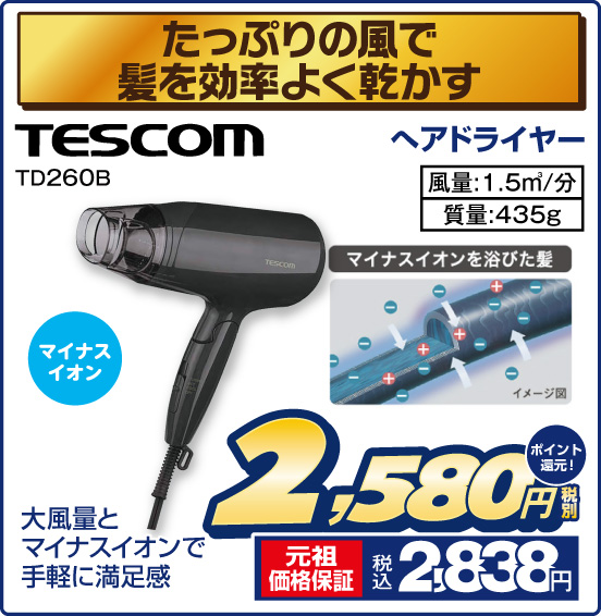 たっぷりの風で髪を効率よく乾かす ヘアドライヤー TESCOM TD260B 大風量とマイナスイオンで手軽に満足感 税別2,580円 元祖価格保証 税込2,838円 ポイント還元！
