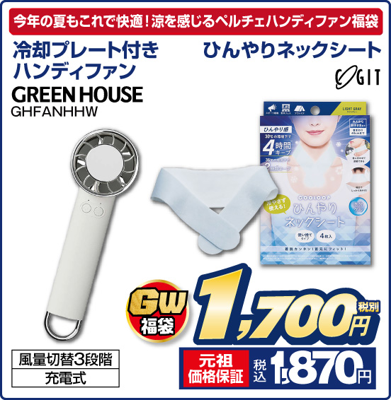 今年の夏もこれで快適！涼を感じるペルチェハンディファン福袋 冷却プレート付きハンディファン GREEN HOUSE GHFANHHW ひんやりネックシート