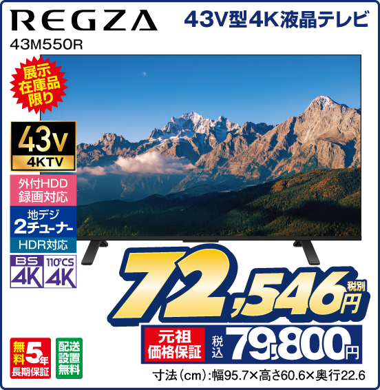 43V型4K液晶テレビ REGZA 43M550R 展示在庫品限り 外付HDD録画対応 地デジ2チューナー HDR対応 無料5年長期保証 配送設置無料 税別72,546円 元祖価格保証 税込79,800円