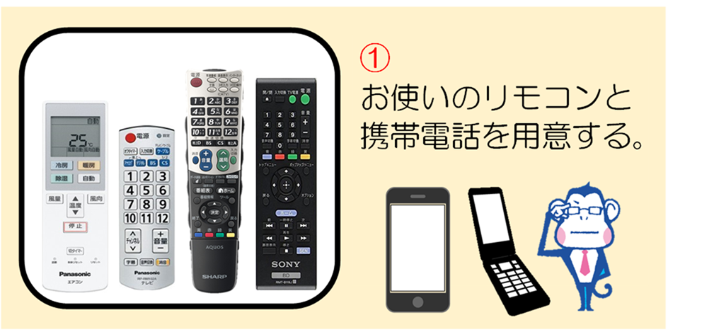 リモコンと携帯電話を用意