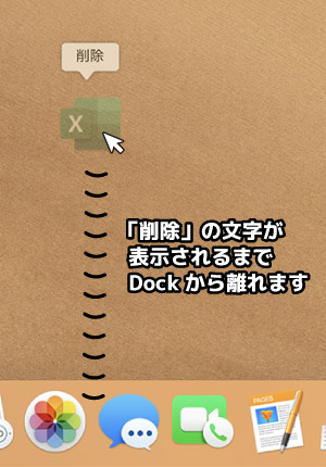 Dockから一定の距離ドラッグしたところで削除の文字が浮かびます
