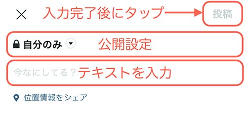 公開設定、テキストを入力して投稿をタップ