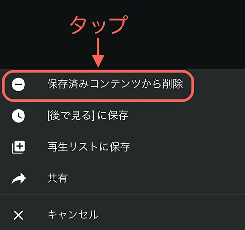 保存済みコンテンツから削除をタップするとダウンロードした動画を削除できます
