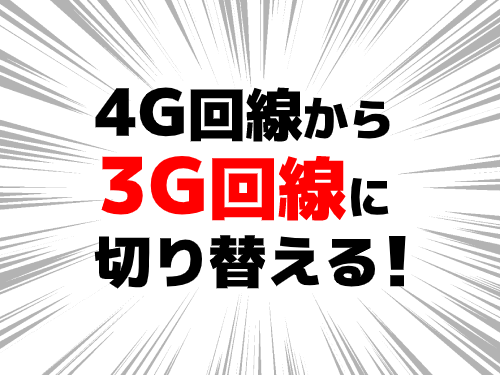 4G回線から3G回線に切り替える！という文字が漫画の放射線が描かれているイラスト