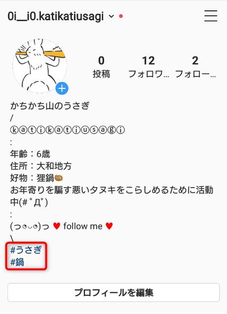 インスタグラムのプロフィールにハッシュタグをいれている様子