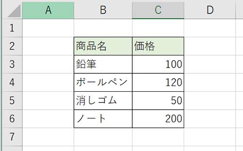 プルダウンの元になる商品リストと、その価格をエクセルに作成