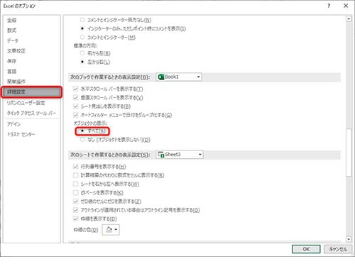 「詳細設定」から「次のブックで作業する時の表示設定」内、オブジェクトの表示の「すべて」にチェック