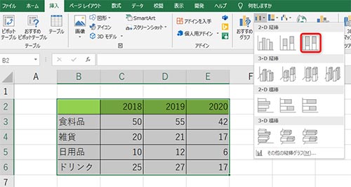 タブの挿入を100%積み上げグラフ