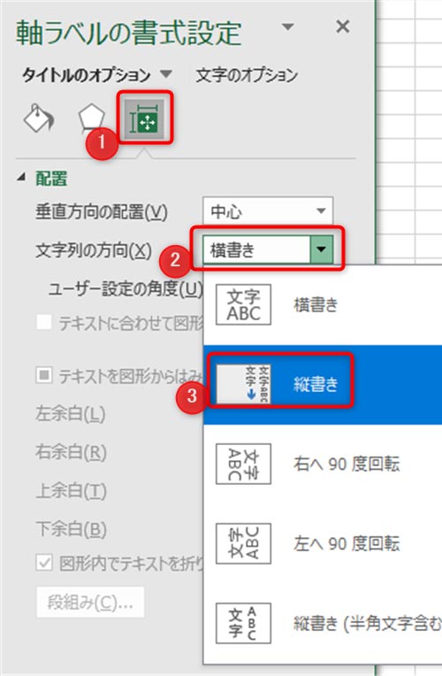 1:サイズとプロパティを選択、2:文字列の方向を選択、3:縦書きを選択