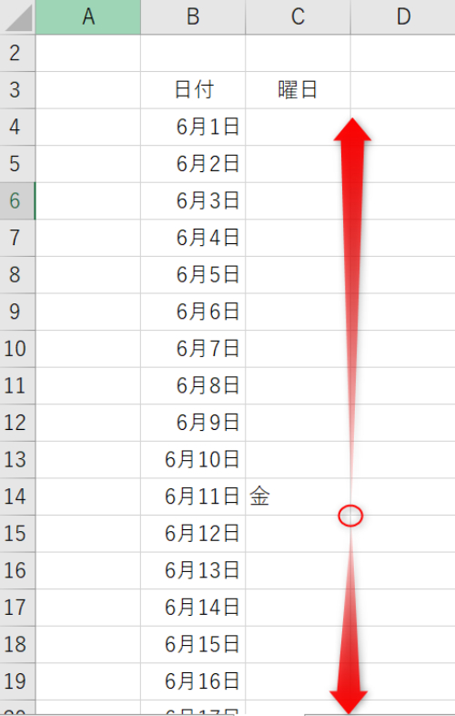 表のどこかに曜日を追加したら、下、もしくは上にオートフィル