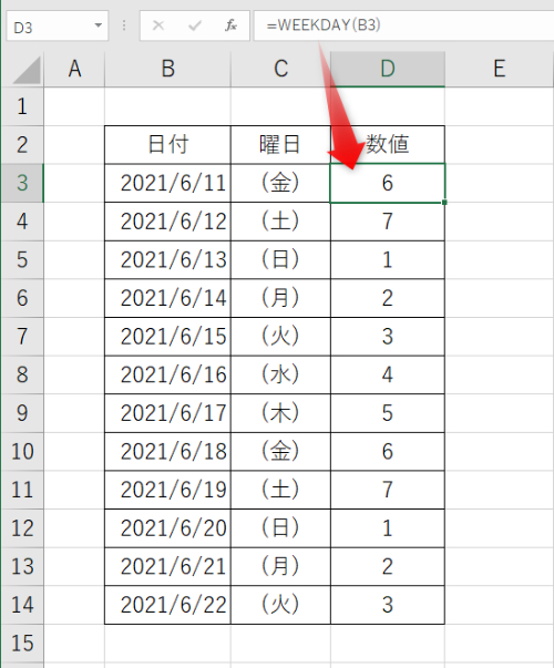 種類を省力してWEEKDAY 関数を入力すると「=WEEKDAY(B3)」のように入力します