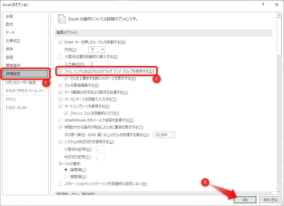 「フィルハンドル及びセルのドラッグアンドドロップを使用する」にチェックを入れて、「OK」をクリック