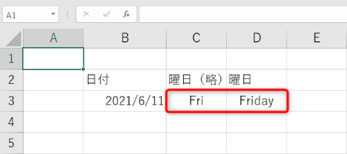 アルファベットで曜日を表示したい場合は、「ddd」で略の「Fri」。「dddd」で、「Friday」と表示されるようになります