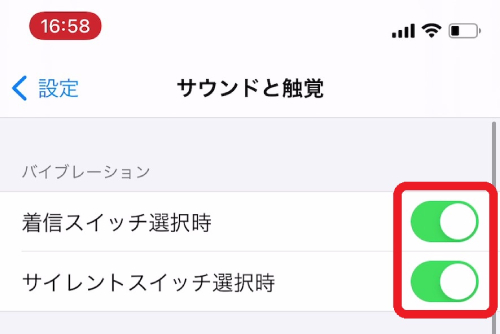 ”バイブレーション”にある「着信スイッチ選択時」と「サイレントスイッチ選択時」の両方のチェックを外す画像