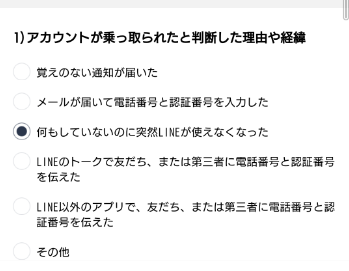 LINがE乗っ取られたと判断した理由や経緯をチェックする画面