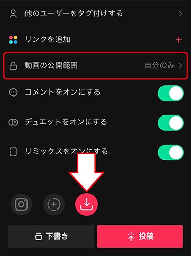 公開範囲を自分のみにし、ダウンロードボタンをタップしてから投稿する