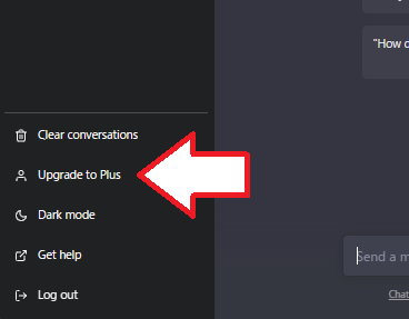 ChatGPTのメイン画面を開き、サイドメニューにある「Upgrade to Plus」をクリック