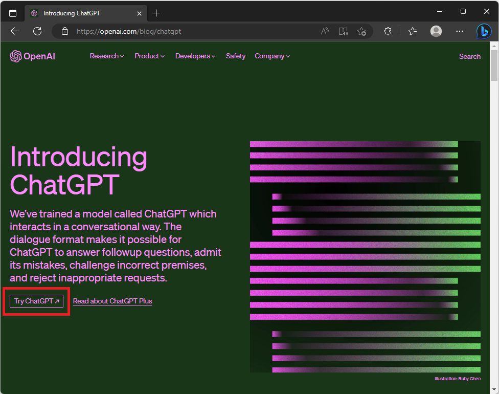 ChatGPT公式サイト『Introducing ChatGPT』にアクセスし、「Try ChatGPT」をクリック