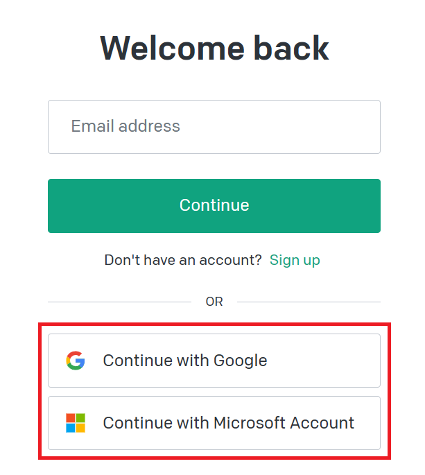 Googleアカウントでログインする場合は「Continue with Google」、Microsoftアカウントでログインする場合は「Continue with Microsoft Account」をクリック