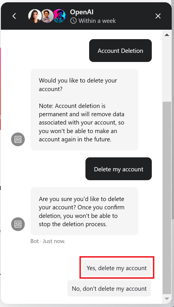 「Yes, delete my account」をクリック