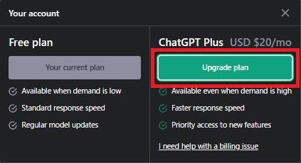 ChatGPT Plusの「Upgrade plan」をクリック