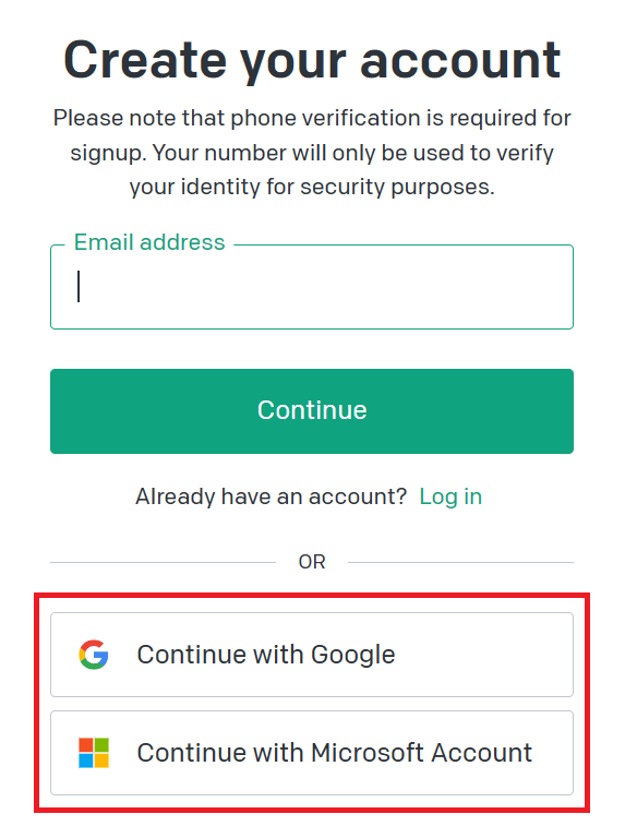 GoogleアカウントでChatGPTを登録したい場合は「Continue with Google」、Microsoftアカウントで登録したい場合は「Continue with Microsoft Account」をクリック
