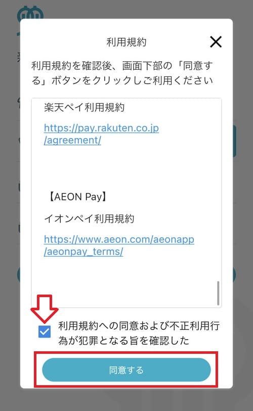 「利用規約への同意および不正利用行為が犯罪となる旨を確認した」にチェックを入れ、「同意する」をタップ