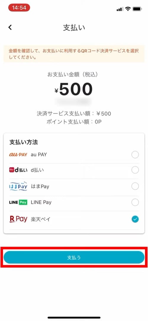 利用したい支払い方法を選択し、「支払う」をタップ