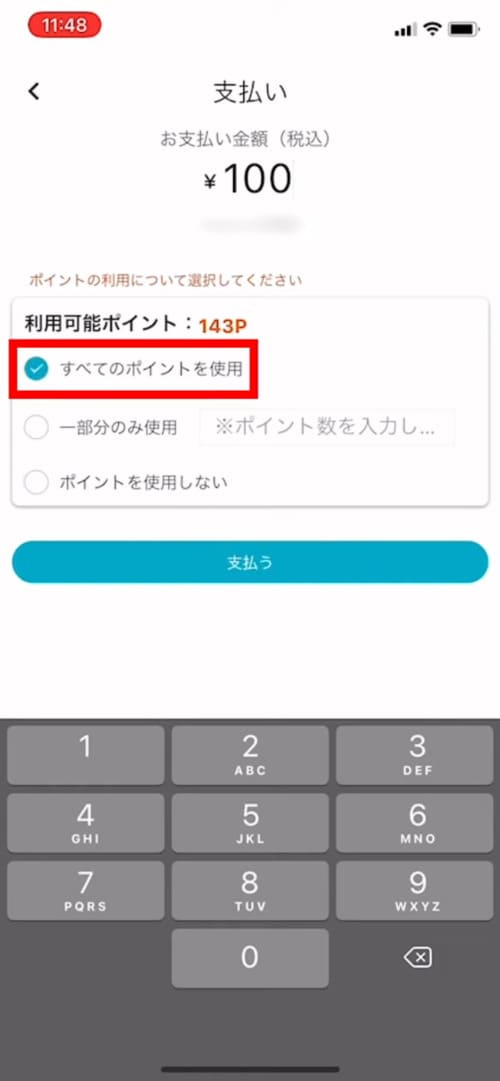 ポイントを利用して一括支払いする場合は、「すべてのポイントを使用」を選択し、「支払う」をタップ