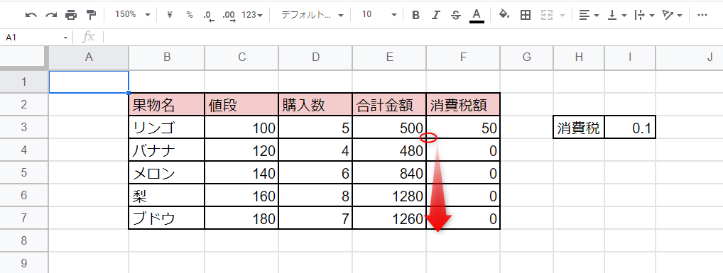 合計金額の計算をE5から下にオートフィルすると、相対参照で数式がコピーされます