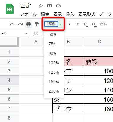 スプレッドシートのズーム倍率は、ツールバーから変更