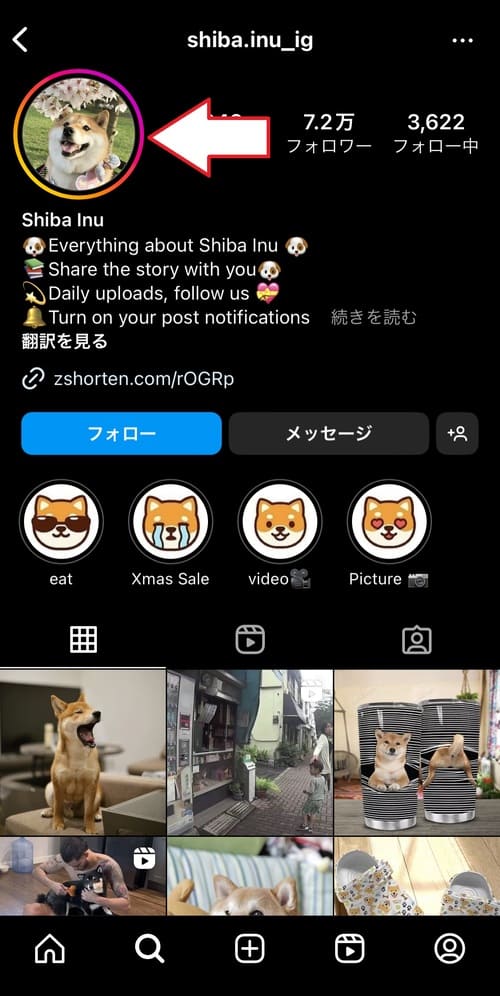 アカウントのプロフィール画面を開き、アイコン部分を長押し