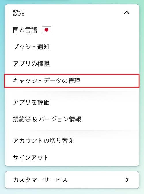 設定項目の一覧が表示されたら、「キャッシュデータの管理」をタップ