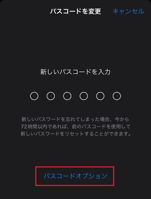 「パスコードオプション」をタップ