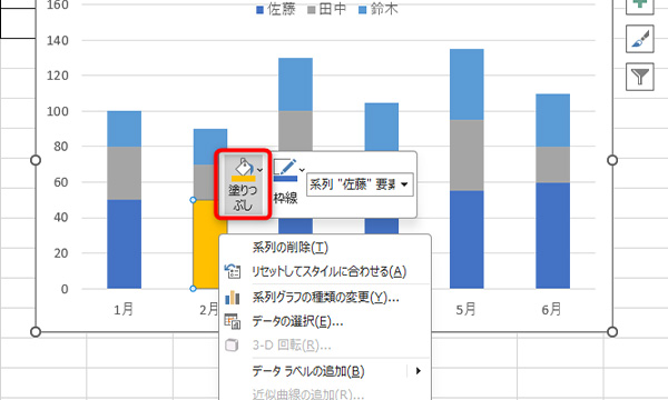 グラフ上で右クリック、「塗りつぶし」から任意の色を選ぶ