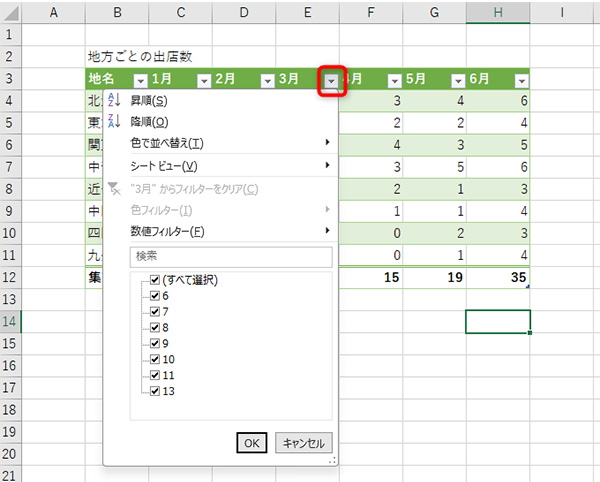 フィルターをクリックして表内のデータを見やすく