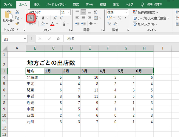 「フォント」の中の「B」をクリック