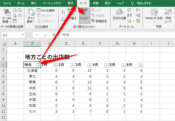 「データ」から「フィルター」をクリック