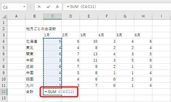 一番下に合計という項目を追加し、関数を入力