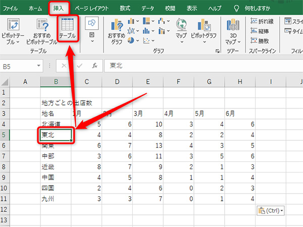 挿入」にある「テーブル」をクリック